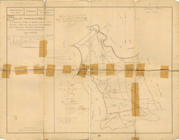 Plan topographique de la Concession des Mines de Houille d'Auvelais et des demandes en Extensions, formées par Mr Ferdinand Petit Propriétaire domicilié au dit Auvelais.