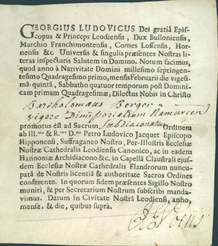 Promotion au sous-diaconat du namurois Bartholomé Berger.