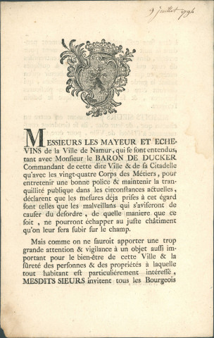 Annonce du mayeur et des échevins de la Ville de Namur sur les mesures de surveillance à prendre en ville, notamment par les bourgeois. Concertation avec le baron de Ducker, commandant de la Ville et de la citadelle. Signé Coppoy.