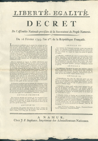 Décret de l'Asssemblée nationale provisoire de la souveraineté du peuple namurois. Exploitation des mines. Suppression des amendes pour pâturage. Conditions de pâturage et d'exploitation des bois. Interdiction de distiller de l'eau-de-vie. Exploitation des grains. Signé N. Tassin président, Bexon procureur-général-syndic, Quevreux secrétaire général.