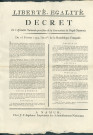 Décret de l'Asssemblée nationale provisoire de la souveraineté du peuple namurois. Exploitation des mines. Suppression des amendes pour pâturage. Conditions de pâturage et d'exploitation des bois. Interdiction de distiller de l'eau-de-vie. Exploitation des grains. Signé N. Tassin président, Bexon procureur-général-syndic, Quevreux secrétaire général.