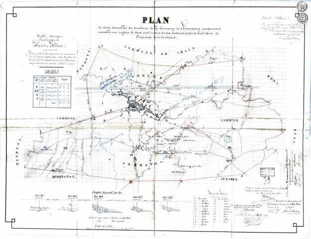 Plan de deux parcelles du territoire de la Commune de Jemmapes, comprenant ensemble une surface de deux cent cinquante six hectares, septante huit Ares et Cinquante trois Centiares.