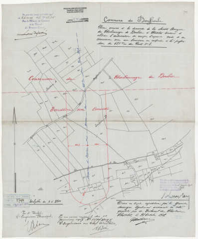 Commune de Bouffioulx. Plan annexé à la demande de la Société Anonyme du Charbonnage de Boubier à Châtelet, tendant à obtenir l'autorisation de rompre l'esponte midi de sa concession avec un bouveau en recherche de la profondeur de 625 ms 00 du Puits N° 2.