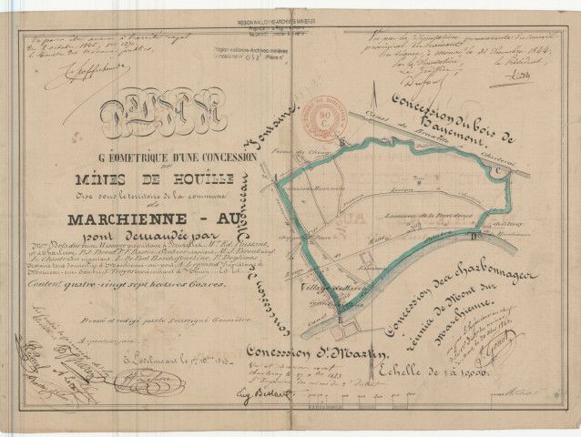 Plan géométrique d'une concession de mines de houille sise sous le territoire de la commune de Marchienne-au-Pont...