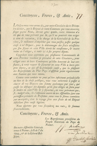 Information aux communes sur l'indemnité à prévoir pour leur représentant à l'Assemblée générale des représentants provisoires du peuple souverain du pays de Namur