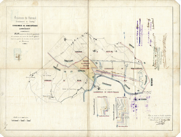 Charbonnage de Bonne-Espérance à Lambusart. Plan annexé à une demande en extension de concession de mines de houille gisant sous une partie du territoire de la commune de Farciennes.