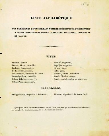 Listes de candidats aux élections de 1836.