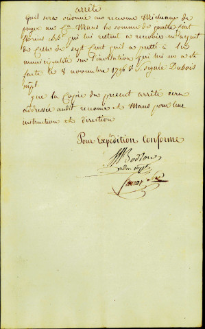 Extrait des registres aux délibérations et arrêtés de l'administration municipale du canton de Namur département de Sambre-et-Meuse. Séance du 28 pluviôse an 6 (16 février 1798). Modalité de remboursement d'une dette de 700 florins qu'à contracté la municipalité au citoyen Maus pour subvenir aux besoins du grand hôpital de la commune.