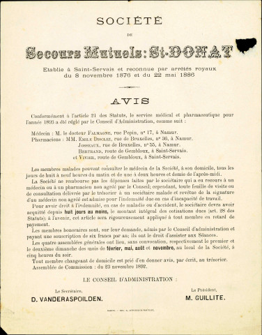 Règlement, pour 1893, de la Société de Secours mutuels Saint-Donat établie à Saint-Servais.