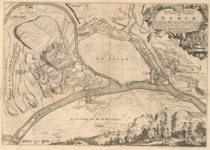 Plan de la Ville Ouvrages et Chateau de Namur
Avec toutes les Attaques...
Dédié et présenté à Monseigneur le Dauphin par son très Humble et très Obéissant Servit. et Géographe, de Fer.