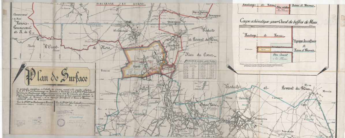 Plan de surface (...) annexée à la requête collective de la Sté Ame des Charbonnages du hainaut, à Hautrage, et de la Sté Ame John Cockerill (Division des Charbonnages Belges, à Frameries) (...) tendant à obtenir l'autorisation d'échanger le long de la limite commune à leurs concessions respectives de "Hautrage et Hornu", et de "Agrappe-Escouffiaux et Hornu et Wasmes", certaines parties des dites concessions.