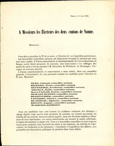 Appel à voter pour les candidats de l'Union constitutionnelle et conservatrice de l'arrondissement de Namur.