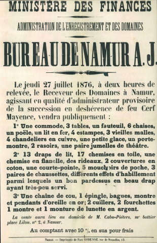 Affiche annonçant la vente des biens de Cerf Mayence.