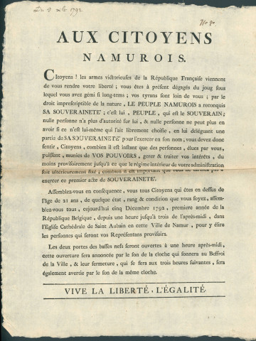 Invitation aux citoyens namurois de moins de 21 ans à participer à l'élection de ses représentants provisoires qui aura lieu à la cathédrale Saint-Aubain le 5 décembre 1792