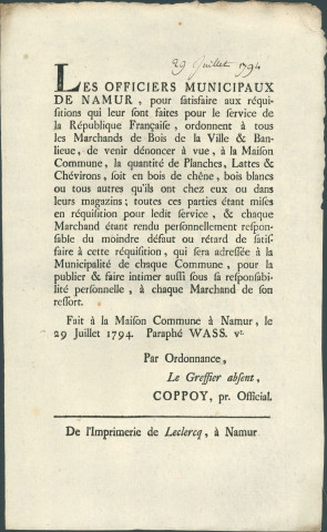 Annonce des officiers municipaux de Namur invitant les marchands de bois à déclarer à la Maison commune la quantité de planches, lattes... qu'ils possèdent. Signé Coppoy.