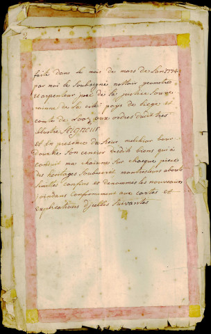 "Registre aux cartes figurative et mesures de la cense, jardins, prairies et terres scituées en lieu condit au dessus du village d'Ans lez Liege et aux environs appartenante à tres noble puissant et illustre messire Jacque Ignace comte de Liedekerke, baron de Surlet, seigneur de Custinne..."