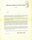 Lettre du vicomte Pierre Desmanet de Biesme aux électeurs du district de Namur dans laquelle le sénateur s'explique face aux bruits circulant selon lesquels il renoncerait à sa candidature.