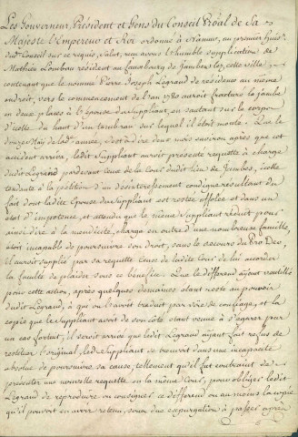Supplication de Mathieu Lombau, de Jambes, devant le Conseil provincial de Namur, contre Pierre Joseph Legrand, également de Jambes. Celui-ci aurait, au début de 1780, fracturé la jambe de l'épouse du premier en sautant sur son corps du haut d'un tombereau.
