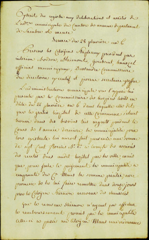 Extrait des registres aux délibérations et arrêtés de l'administration municipale du canton de Namur département de Sambre-et-Meuse. Séance du 28 pluviôse an 6 (16 février 1798). Modalité de remboursement d'une dette de 700 florins qu'à contracté la municipalité au citoyen Maus pour subvenir aux besoins du grand hôpital de la commune.