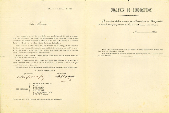 Bulletin de souscription en vue du banquet qui sera offert, le 21 mai suivant, à l'occasion de la réédification du jubé de la collégiale de Walcourt.