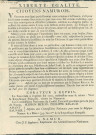 Annonce à la population des commissaires nationaux du Conseil exécutif provisoire près du pays de Namur sur la réunion à la Républqiue française et sur l'engagement de respecter la religion catholique et les prêtres. Signé Scipion Bexon et Philippe Rigaud commissaires du Conseil exécutif provisoire près du pays de Namur, Adant et Saunier adjoints aux commissaires.
