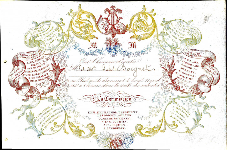 Invitation, adressée à M. et Mme Borgnet, à un bal, peut-être des jeunes gens, qui aura lieu, le 21 avril 1851, dans la salle des redoutes.