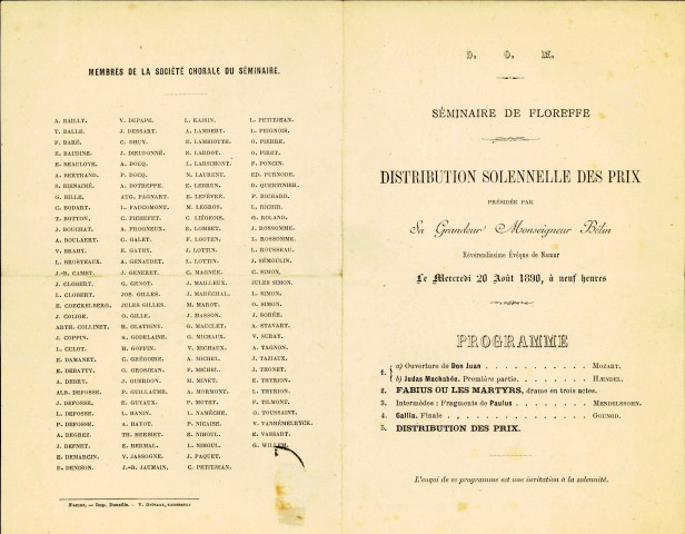 Programme du spectacle organisé, le 20 août 1890, au séminaire de Floreffe, à l'occasion de la distribution des prix.