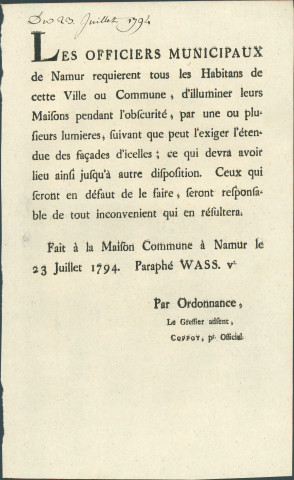 Annonce des officiers municipaux de Namur demandant aux habitants d'éclairer leur maison "pendant l'obscurité". Signé Coppoy.