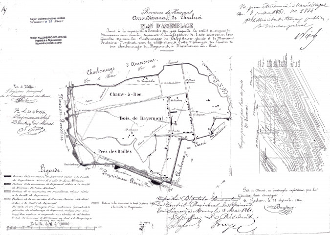 Plan de surface Joint à la requête du 10 novembre 1860, par laquelle la société charbonnière des Propriétaires-réunis demande l'homologation de l'acte intervenu le 10 Décembre 1859 avec la société anonyme de Monceau-sur-Sambre, pour la rectification, à l'aide d'échanges, des limites de son charbonnage, à Marchienne-au-Pont.