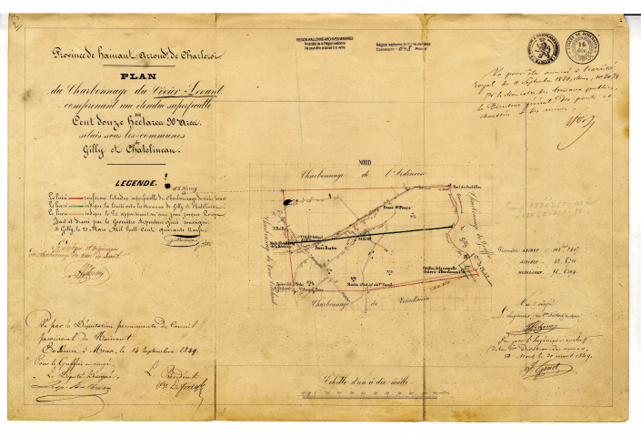 Plan du Charbonnage du Vivier-Levant, comprenant une étendue superficielle de Cent douze hectares 90 ares. situés sous les communes de Gilly et Chatelineau.