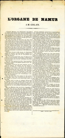 Lettre de L'Organe de Namur et de la province à Ferdinand Gislain.