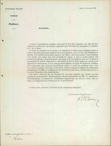 Lettre, signée par le gouverneur de la province de Namur, invitant les autorités de la commune de Liernu à lui transmettre le montant des souscriptions organisées pour l'érection d'un monument en l'honneur de Louise-Marie d'Orléans.