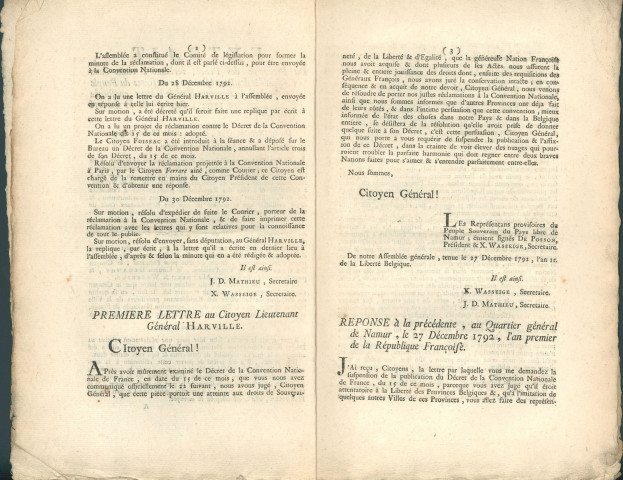 Extrait du protocole des procès-verbaux de l'Assemblée des représentants provisoires du peuple souverain de la Province libre de Namur constituée le 23 décembre 1792. Demande auprès du lieutenant-général Harville de la suspension de la publication du décret de la Convention nationale de France du 15 décembre 1792 "attentatoire à la Liberté des Provinces Belgiques". Signé X. Wasseige secrétaire, J.D. Mathieu secrétaire