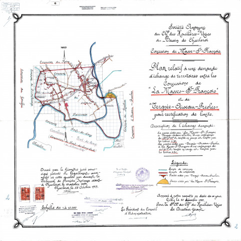 Société Anonyme du Chge des Houillères-Unies du Bassin de Charleroi. Concession de Masse-St-François. Plan relatif à une demande d'échange de territoires entre les Concessions de "La Masse-St-François" et de "Tergnée-Aiseau-Presles" pour rectification de limite.