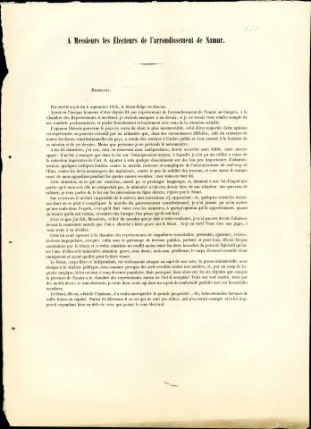 Cinq tracts électoraux du vicomte Pierre Desmanet de Biesme. (un tract date du 15 septembre 1851 ; les autres ne sont pas datés)