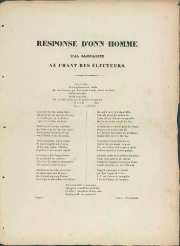 Paroles d'une chanson, en wallon, intitulée : Response d'on homme d'al campagne au Chant des électeurs.