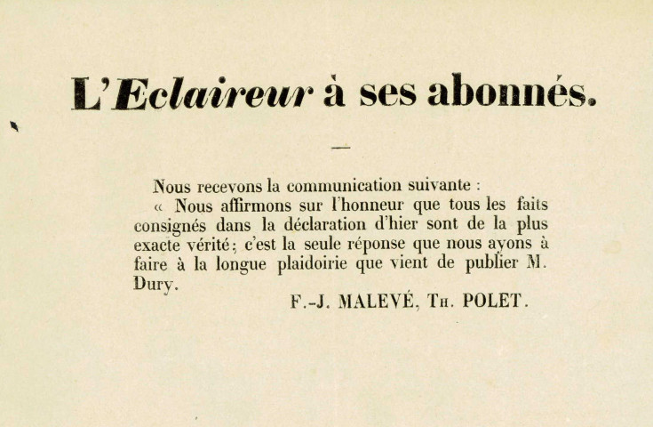 Billet de L'Éclaireur, signé F.-J. Malevé et Th. Polet, en réaction au document précédent. Une mention manuscrite date ce document du 24 mai 1847.