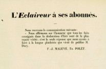 Billet de L'Éclaireur, signé F.-J. Malevé et Th. Polet, en réaction au document précédent. Une mention manuscrite date ce document du 24 mai 1847.