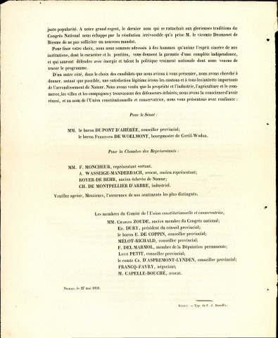 Appel à voter pour les candidats de l'Union constitutionnelle et conservatrice de l'arrondissement de Namur.