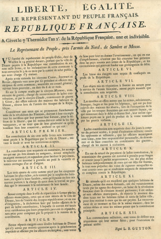 Arrêté du représentant du peuple français près l'armée du Nord, de Sambre et Meuse. Contribution de 600.000 livres de la Ville de Dinant. Biens des émigrés. Signé L.B. Guyton à Givet.