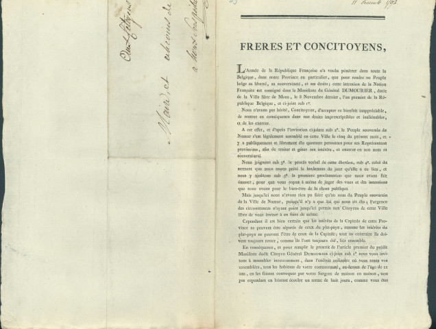 Lettre de l'Assemblée générale des représentants provisoires du peuple souverain de Namur aux maire et échevins d'une commune les informant de la procédure électorale suivie à Namur le 5 décembre 1792 et les invitant à faire de même. Signé De Posson président, J.D. Mathieu secrétaire