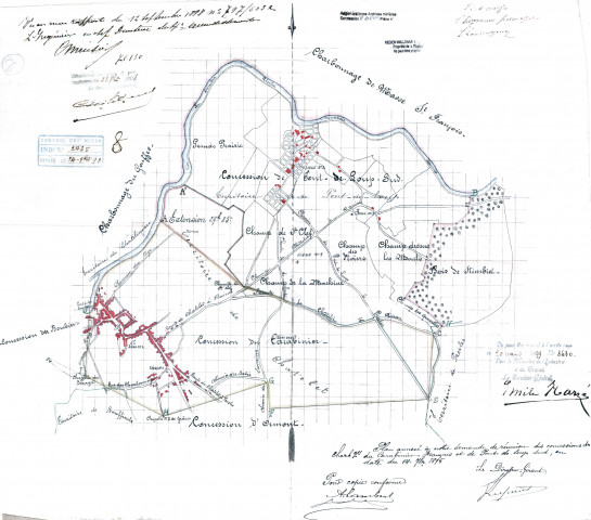 Plan annexé à notre demande de réunion des concessions des charbges du Carabinier Français et de Pont-de-Loup Sud, en date du 14 7bre 1896.