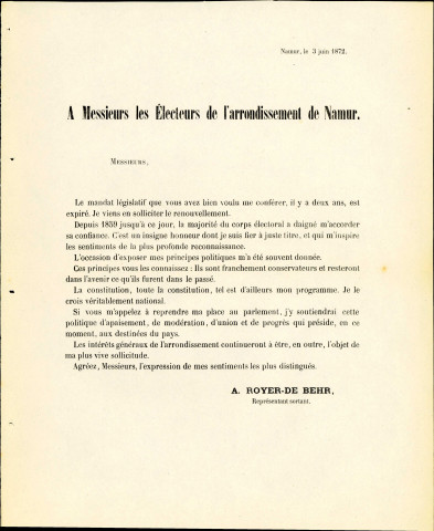 Tract électoral d'Auguste Royer de Behr.