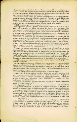 Adresse votée unanimement par le Conseil Municipal de la Ville de Namur, à Monsieur le Ministre des Travaux Publics, 1838. Ce document imprimé concerne également le Mémoire de l'inspecteur Vifquain.