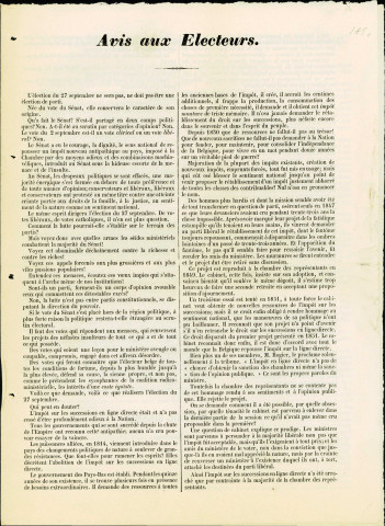 Cinq tracts électoraux du vicomte Pierre Desmanet de Biesme. (un tract date du 15 septembre 1851 ; les autres ne sont pas datés)