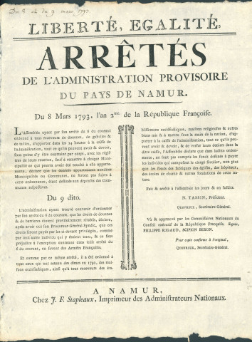 Arrêtés de l'administration provisoire du pays de Namur concernant les exemptions pour les municipalités et les autorités religieuses en matière d'impôt. Signé N. Tassin président, Quevreux secrétaire-général.