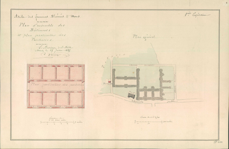 Asile des femmes aliénées à Mons.Plan d'ensemble des bâtiments et plan particulier des porcheries.