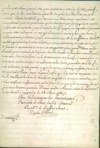Supplication de Mathieu Lombau, de Jambes, devant le Conseil provincial de Namur, contre Pierre Joseph Legrand, également de Jambes. Celui-ci aurait, au début de 1780, fracturé la jambe de l'épouse du premier en sautant sur son corps du haut d'un tombereau.