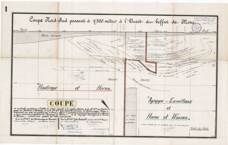 Coupe (...) annexée à la requête collective de la Sté Ame des Charbonnages du hainaut, à Hautrage, et de la Sté Ame John Cockerill (Division des Charbonnages Belges, à Frameries) (...) tendant à obtenir l'autorisation d'échanger le long de la limite commune à leurs concessions respectives de "Hautrage et Hornu", et de "Agrappe-Escouffiaux et Hornu et Wasmes", certaines parties des dites concessions.