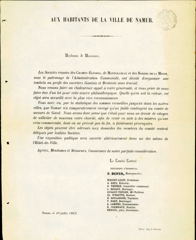 Invitation à faire don d'un objet à la tombola organisée au profit des ouvriers gantois et brainois sans travail, par les Sociétés réunies des Champs-Élysées, de Montcrabeau et des Bardes de la Meuse, sous le patronage de l'Administration communale.